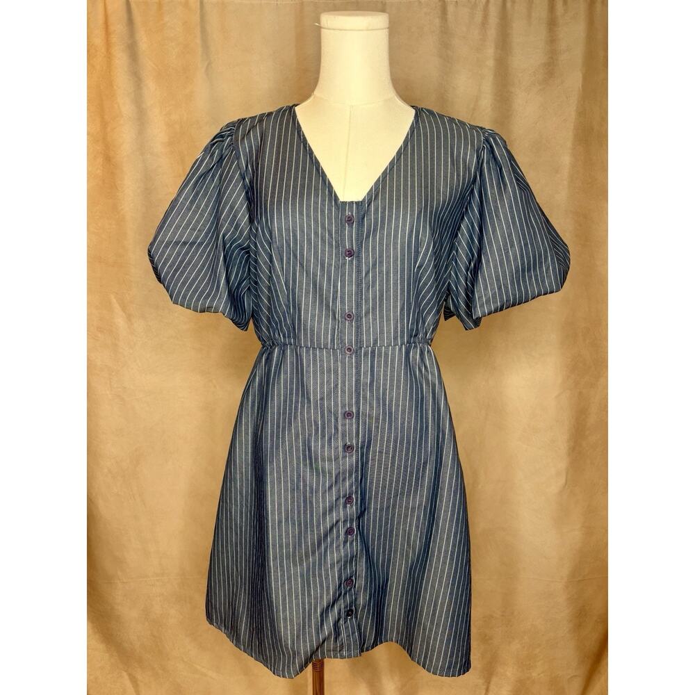 Style House Blue Pinstripe Puff Sleeve Mini Dress Cottagecore L